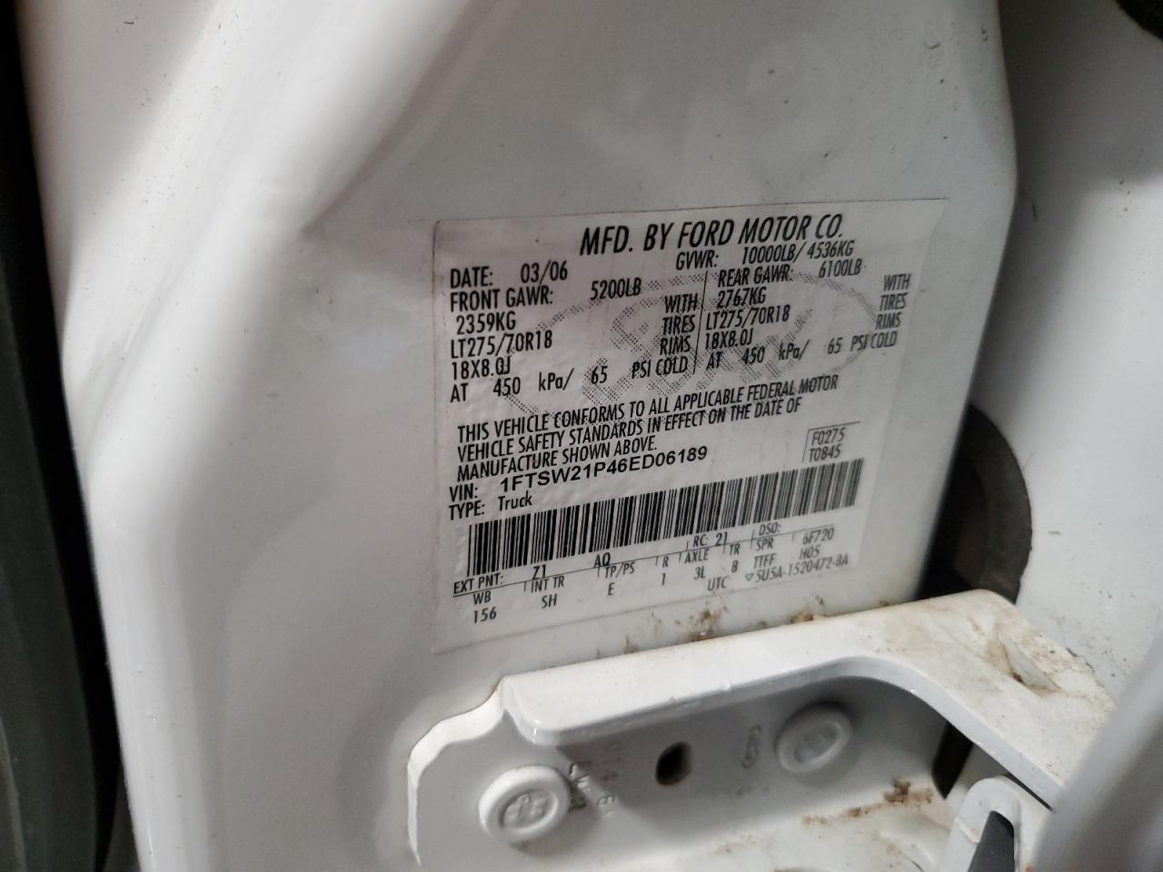 2006 Ford F250 Super Duty VIN: 1FTSW21P46ED06189 Lot: 58401755