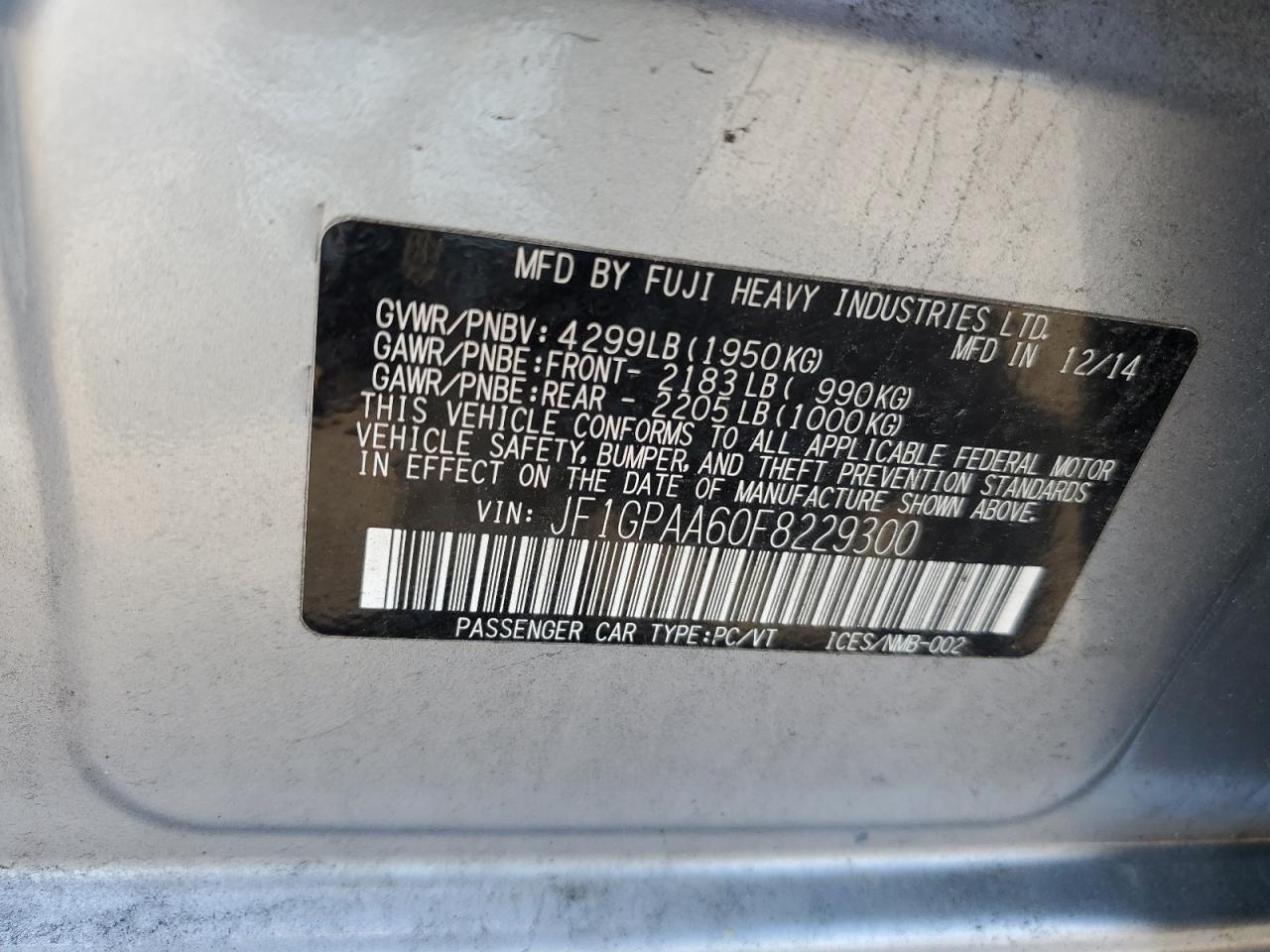 2015 Subaru Impreza VIN: JF1GPAA60F8229300 Lot: 55657275