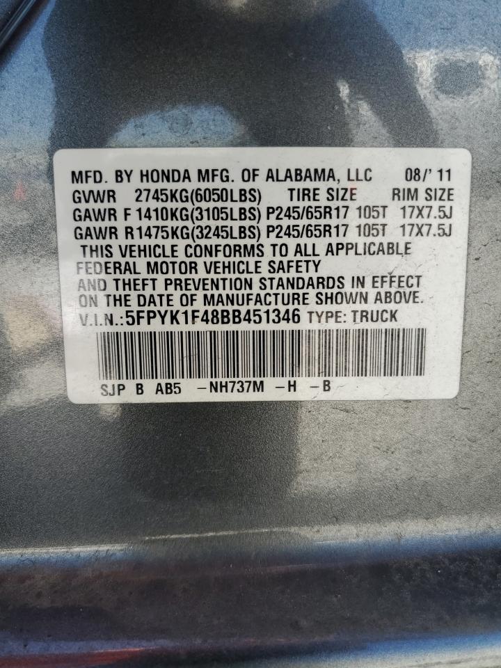 2011 Honda Ridgeline Rts VIN: 5FPYK1F48BB451346 Lot: 57641325