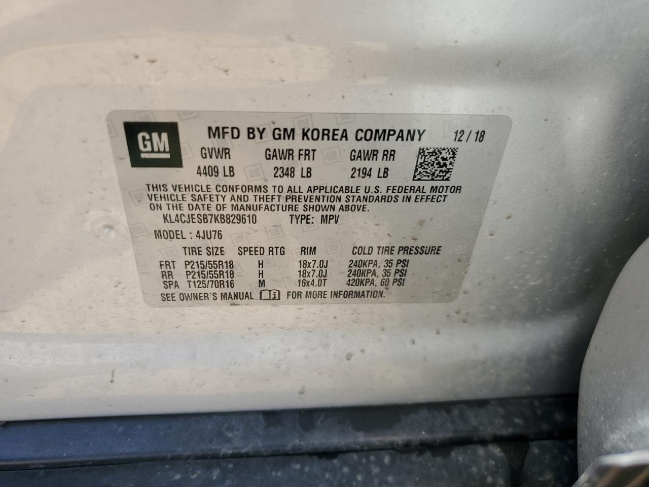 2019 Buick Encore Preferred VIN: KL4CJESB7KB829610 Lot: 56889195