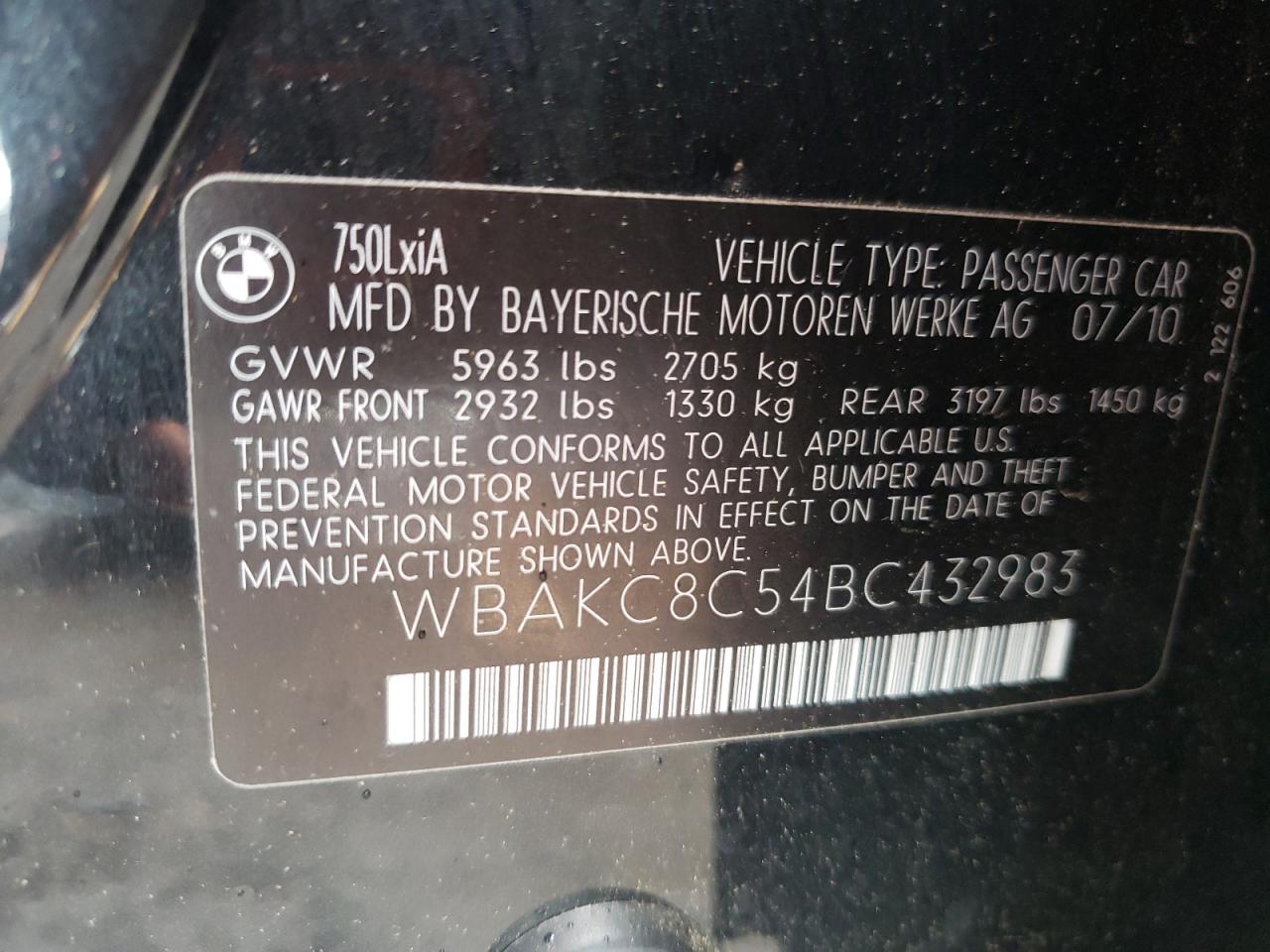 2011 BMW 750 Lxi VIN: WBAKC8C54BC432983 Lot: 56896975