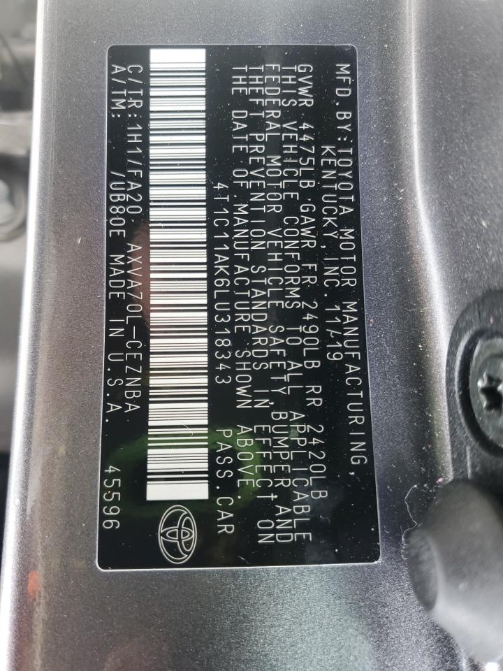 2020 Toyota Camry Le VIN: 4T1C11AK6LU318343 Lot: 58193025