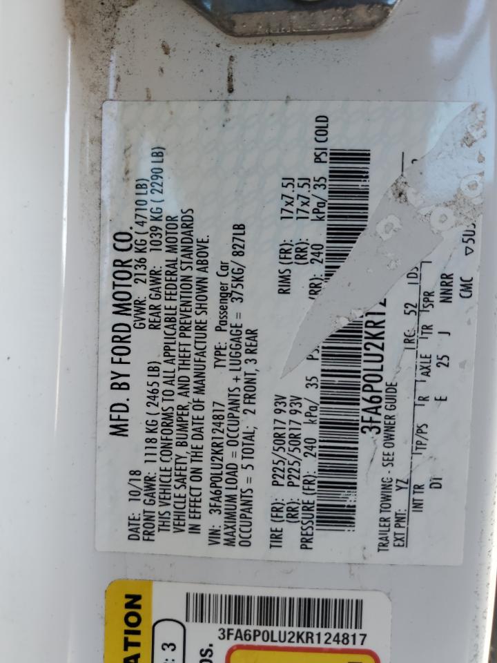 2019 Ford Fusion Se VIN: 3FA6P0LU2KR124817 Lot: 54027745