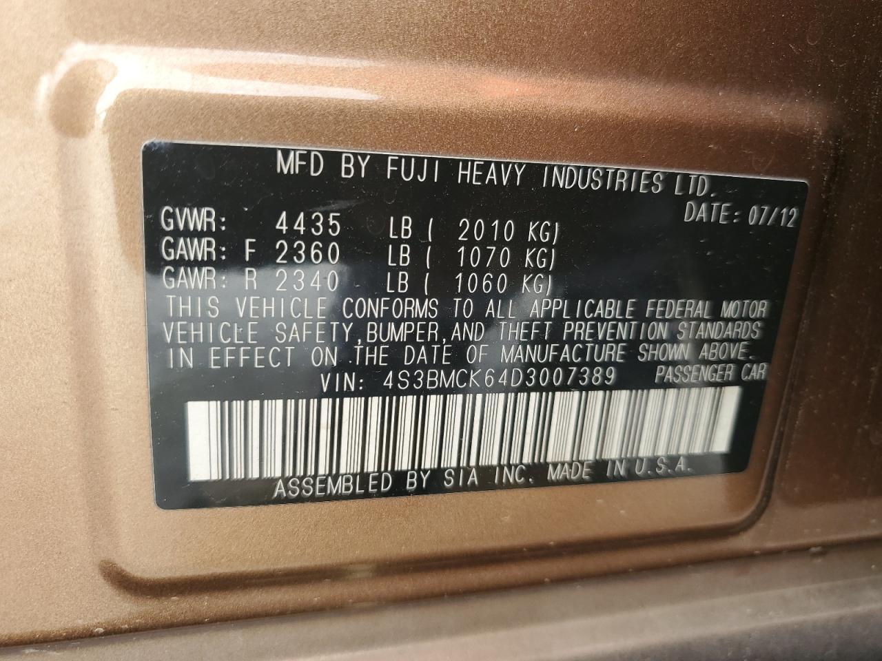 2013 Subaru Legacy 2.5I Limited VIN: 4S3BMCK64D3007389 Lot: 56591985