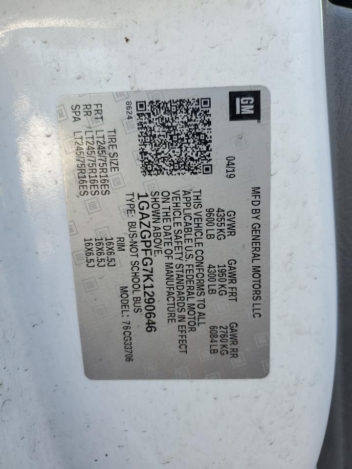 2019 Chevrolet Express G3500 Lt VIN: 1GAZGPFG7K1290646 Lot: 89836375