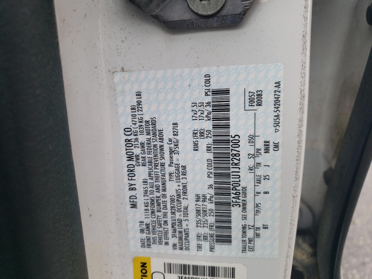 2018 Ford Fusion Se Hybrid VIN: 3FA6P0LU1JR287005 Lot: 54028985