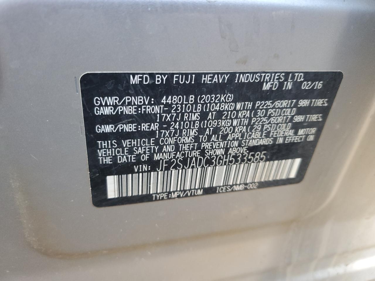 2016 Subaru Forester 2.5I Premium VIN: JF2SJADC3GH533585 Lot: 57048605