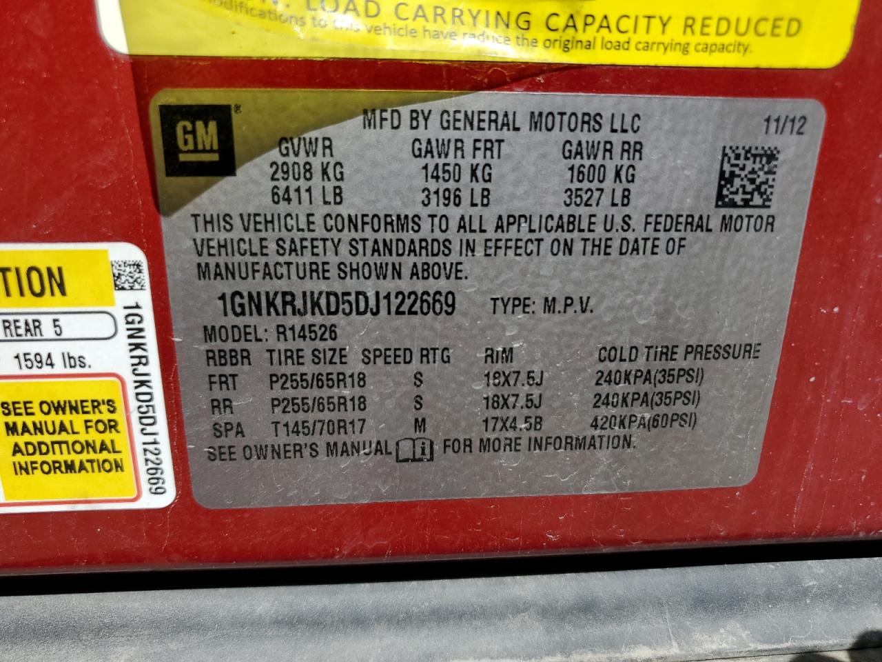 2013 Chevrolet Traverse Lt VIN: 1GNKRJKD5DJ122669 Lot: 56789965