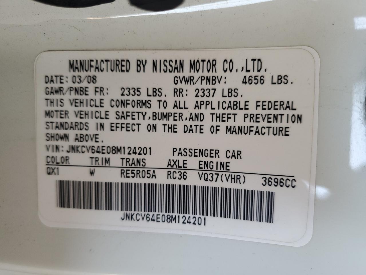 2008 Infiniti G37 Base VIN: JNKCV64E08M124201 Lot: 54932945