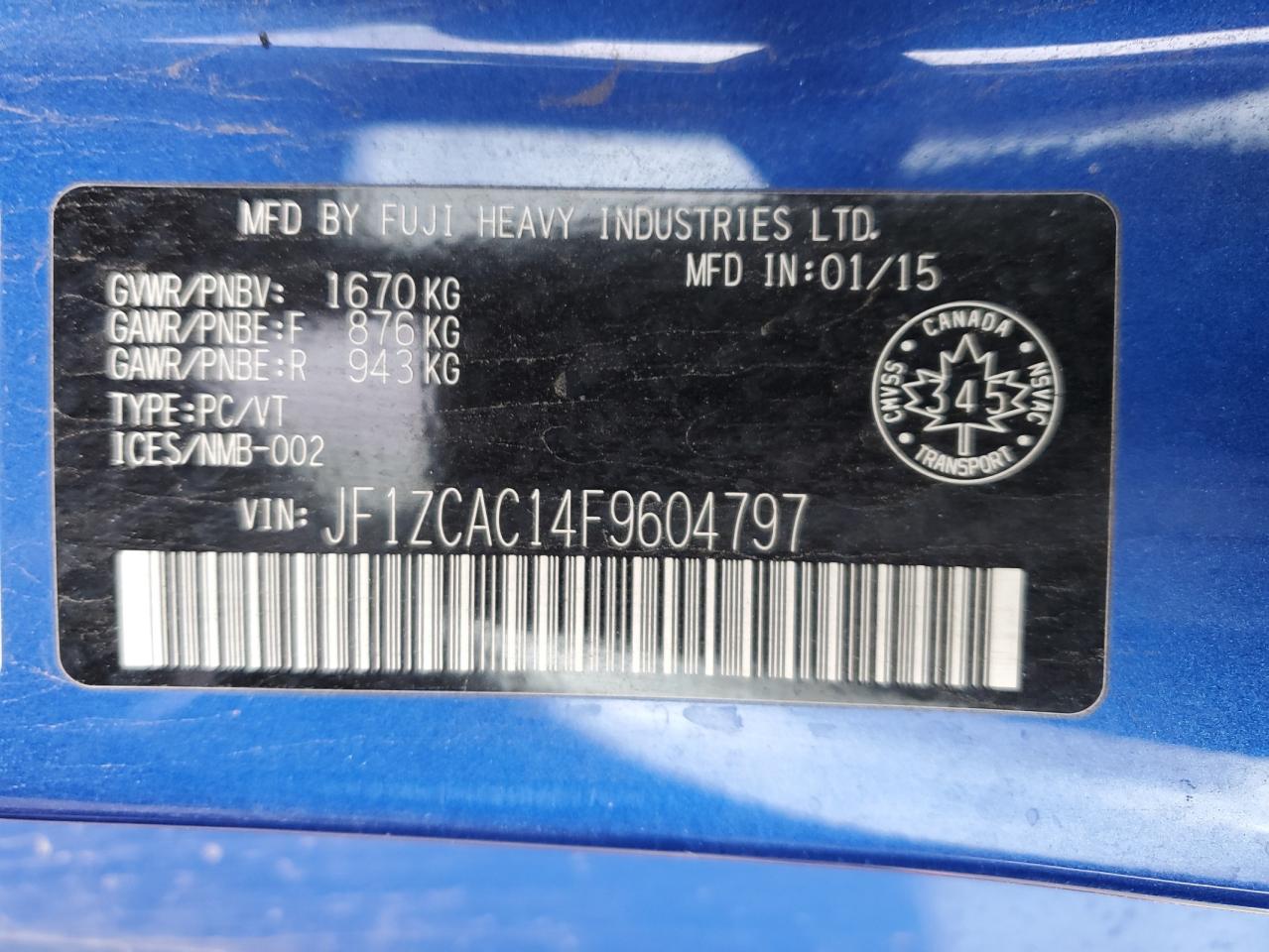 2015 Subaru Brz 2.0 Limited VIN: JF1ZCAC14F9604797 Lot: 55995265
