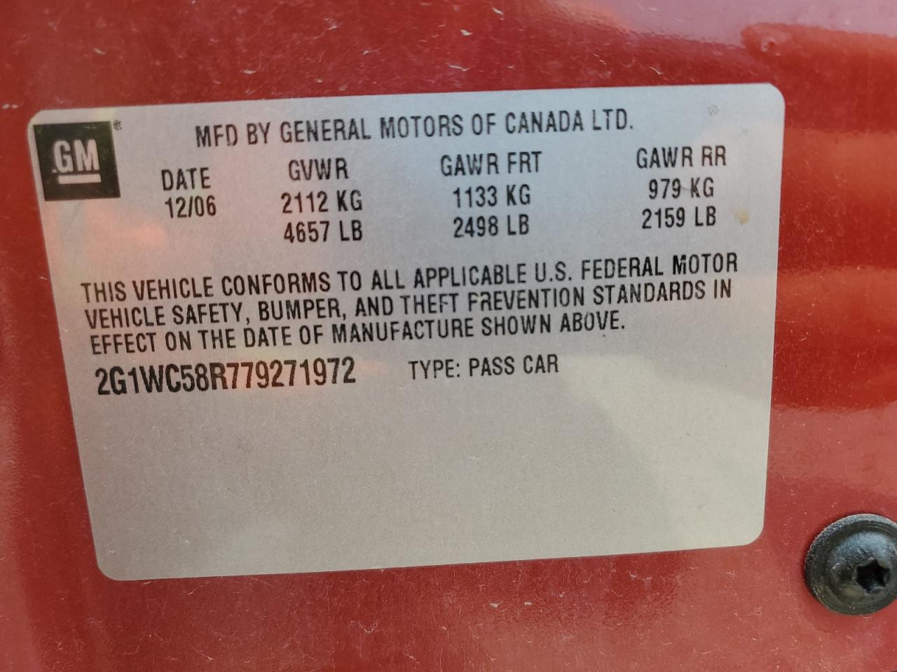 2007 Chevrolet Impala Lt VIN: 2G1WC58R779271972 Lot: 56969525