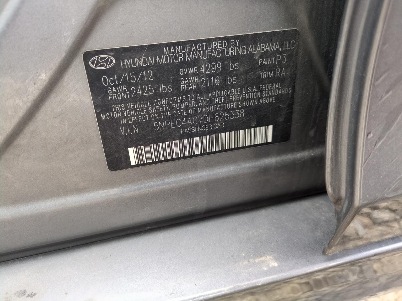 2013 Hyundai Sonata Se VIN: 5NPEC4AC7DH625338 Lot: 56511085