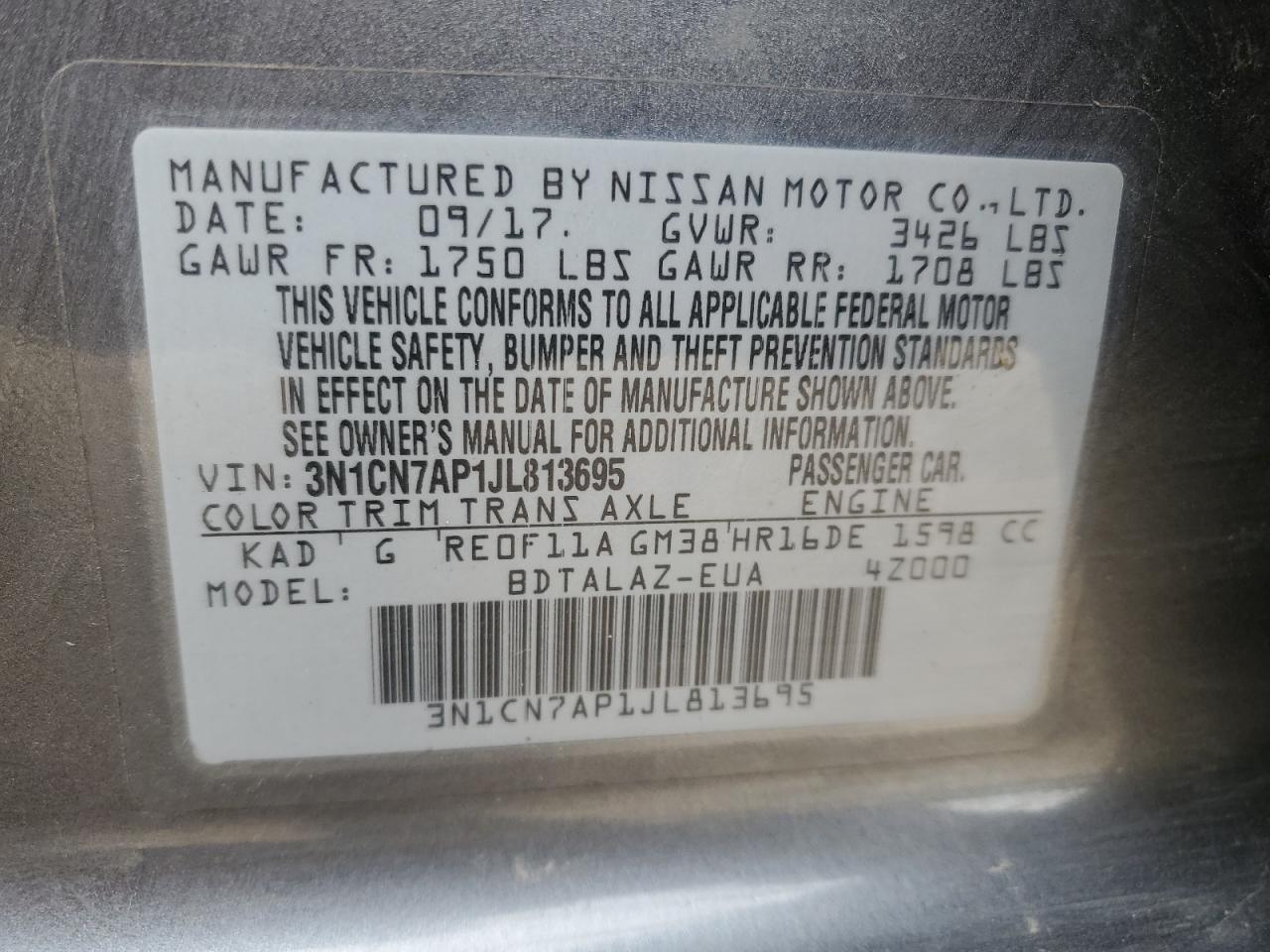 2018 Nissan Versa S VIN: 3N1CN7AP1JL813695 Lot: 57134945