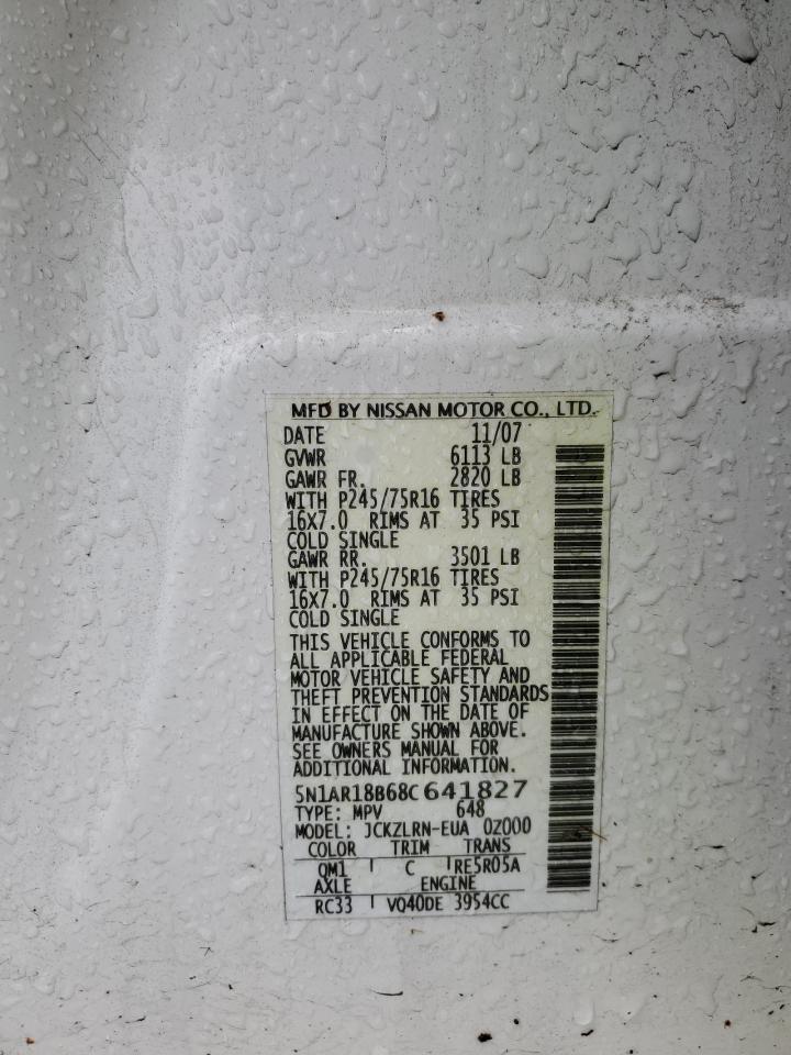 2008 Nissan Pathfinder S VIN: 5N1AR18B68C641827 Lot: 58492435