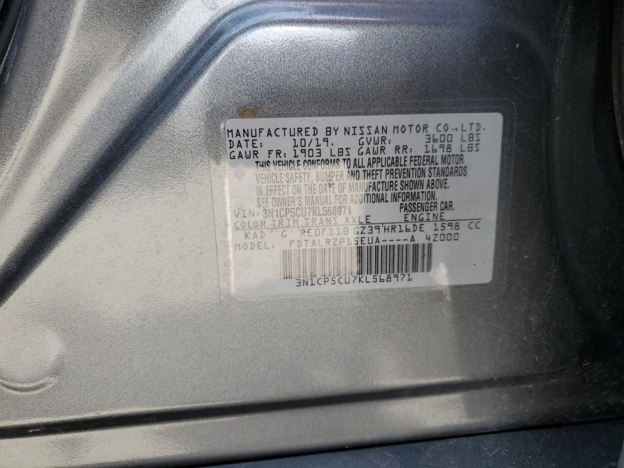 2019 Nissan Kicks S VIN: 3N1CP5CU7KL568971 Lot: 56609875
