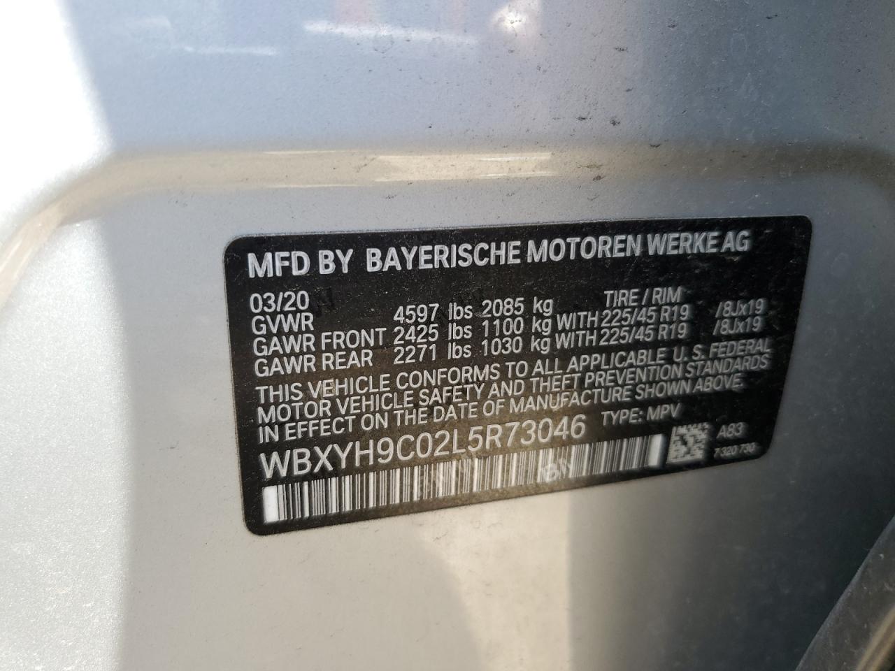 2020 BMW X2 Sdrive28I VIN: WBXYH9C02L5R73046 Lot: 56568645