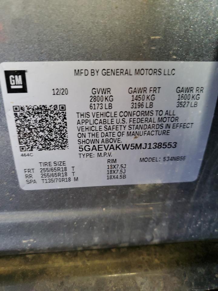 2021 Buick Enclave Essence VIN: 5GAEVAKW5MJ138553 Lot: 57364765