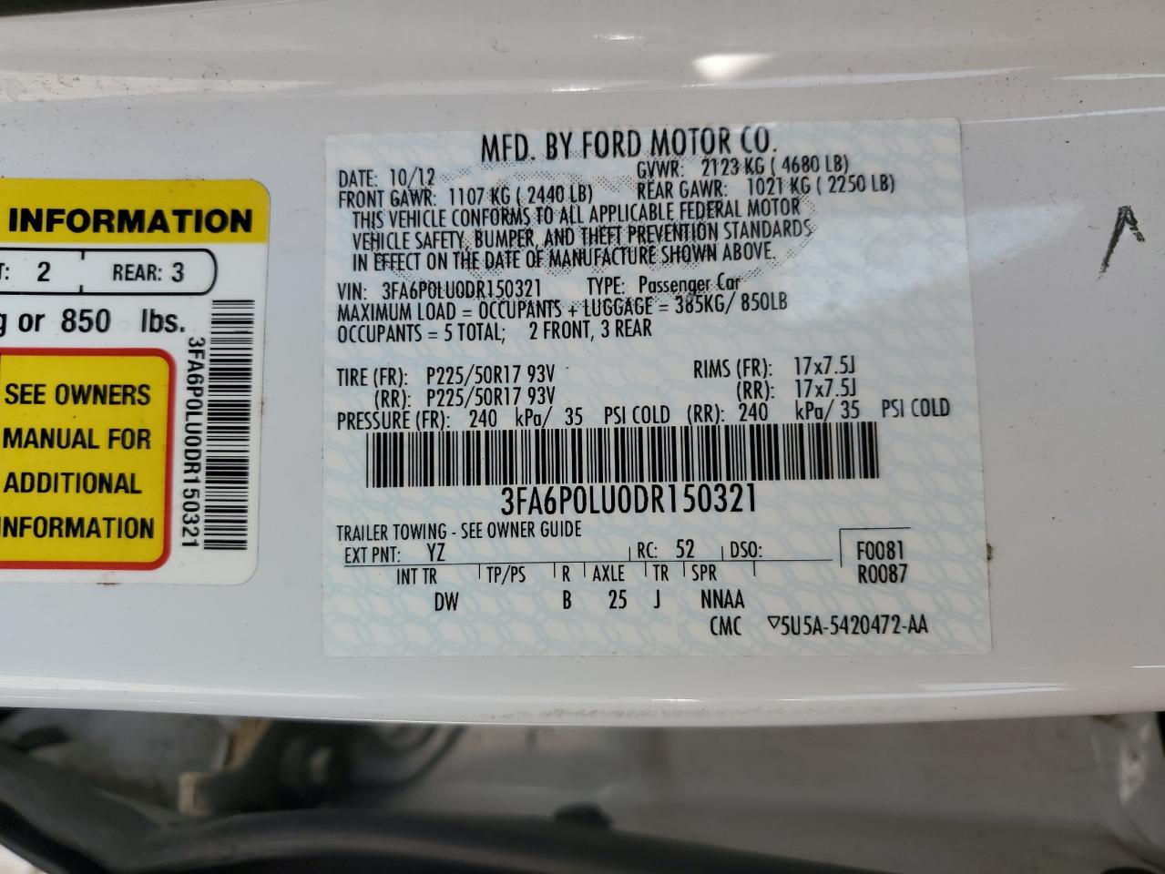 2013 Ford Fusion Se Hybrid VIN: 3FA6P0LU0DR150321 Lot: 55089395
