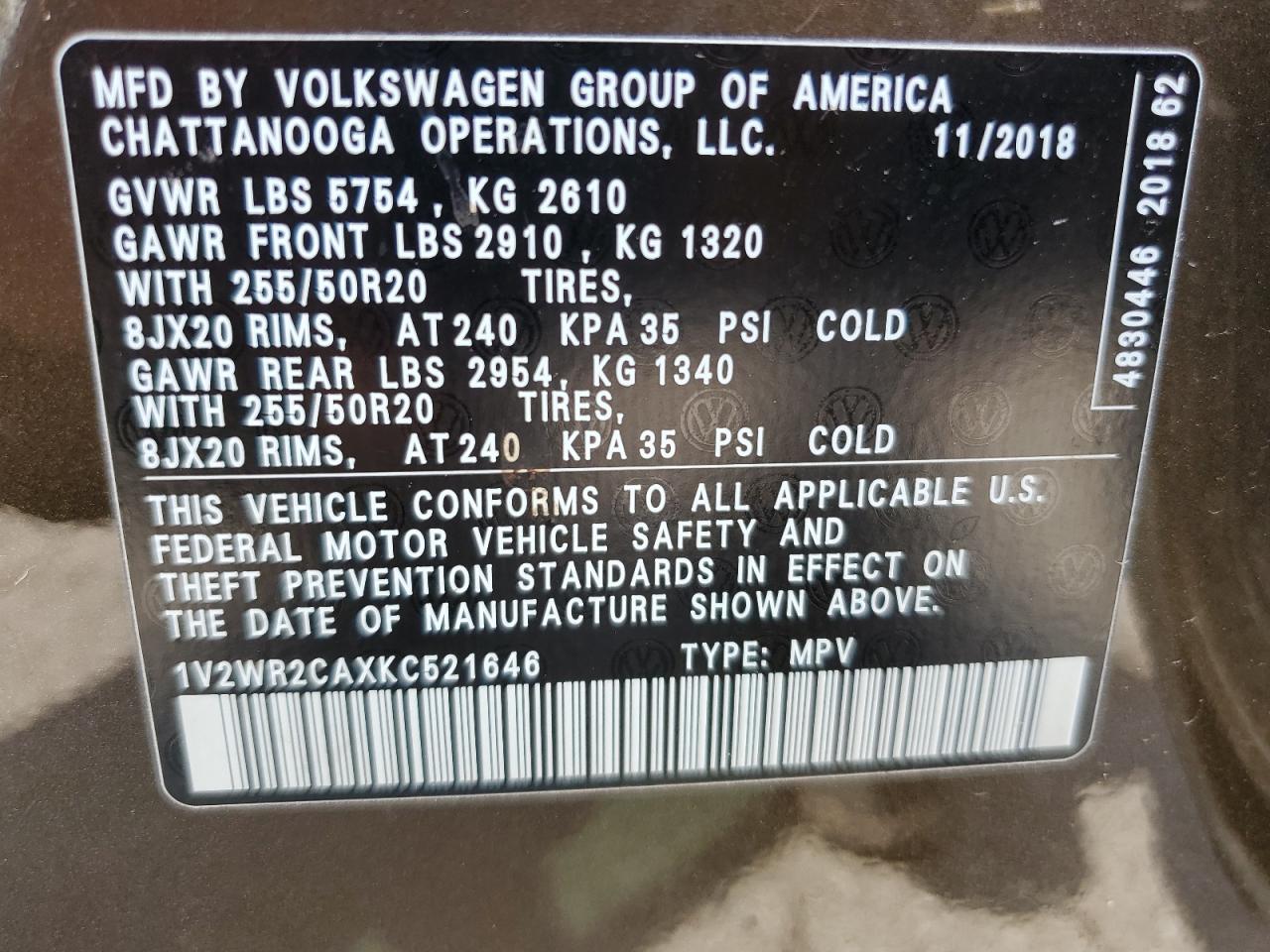 2019 Volkswagen Atlas Se VIN: 1V2WR2CAXKC521646 Lot: 57383735