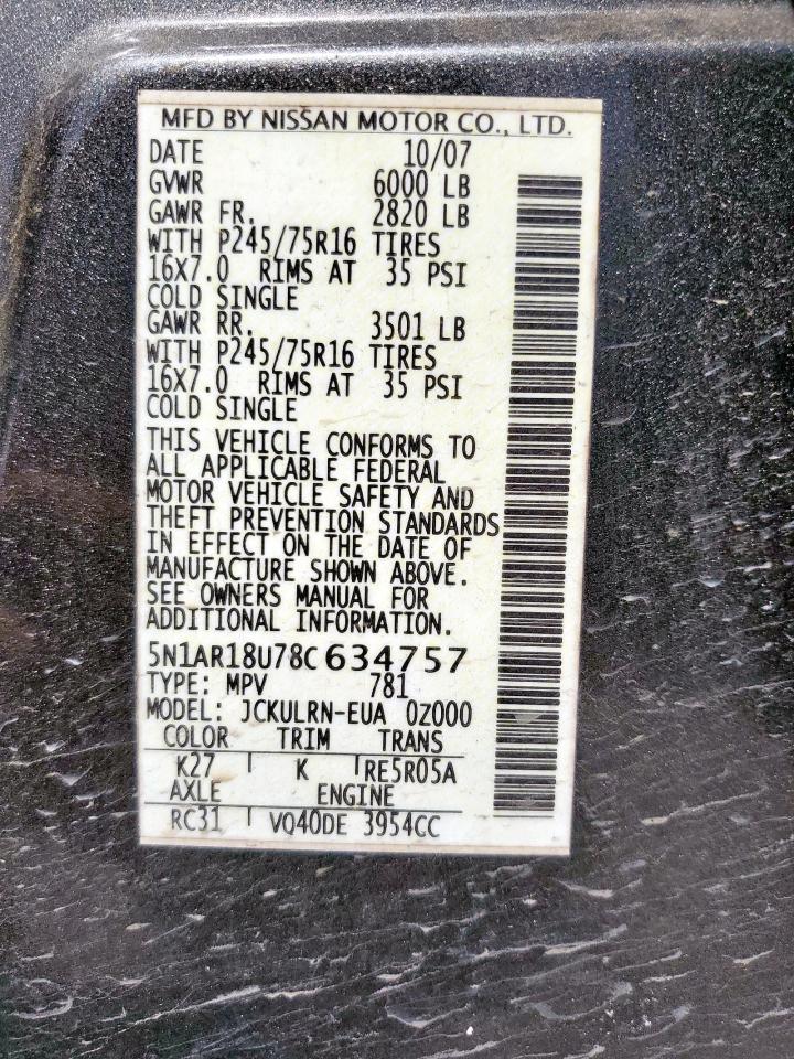 2008 Nissan Pathfinder S VIN: 5N1AR18U78C634757 Lot: 56866195