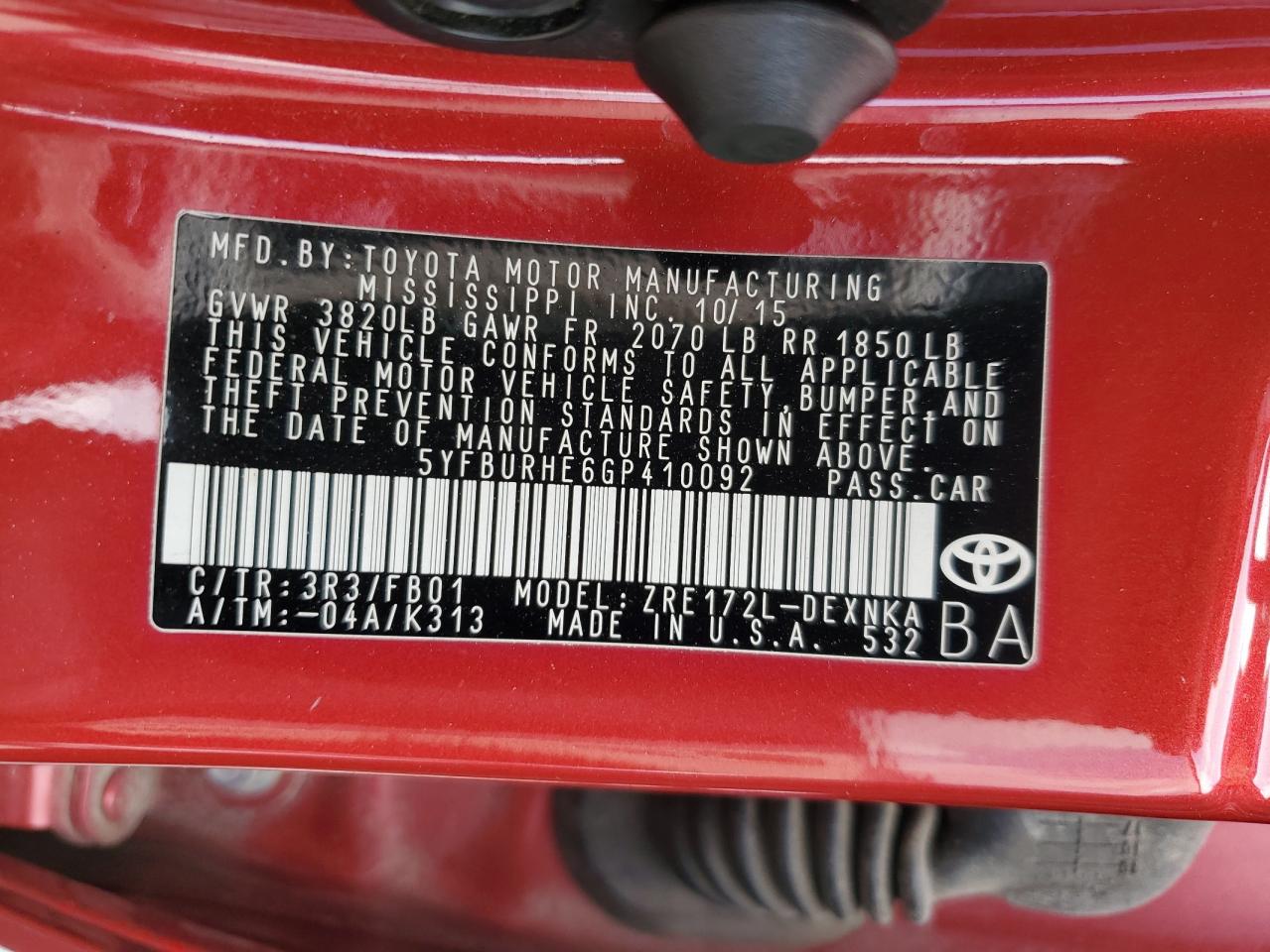 2016 Toyota Corolla L VIN: 5YFBURHE6GP410092 Lot: 56519405