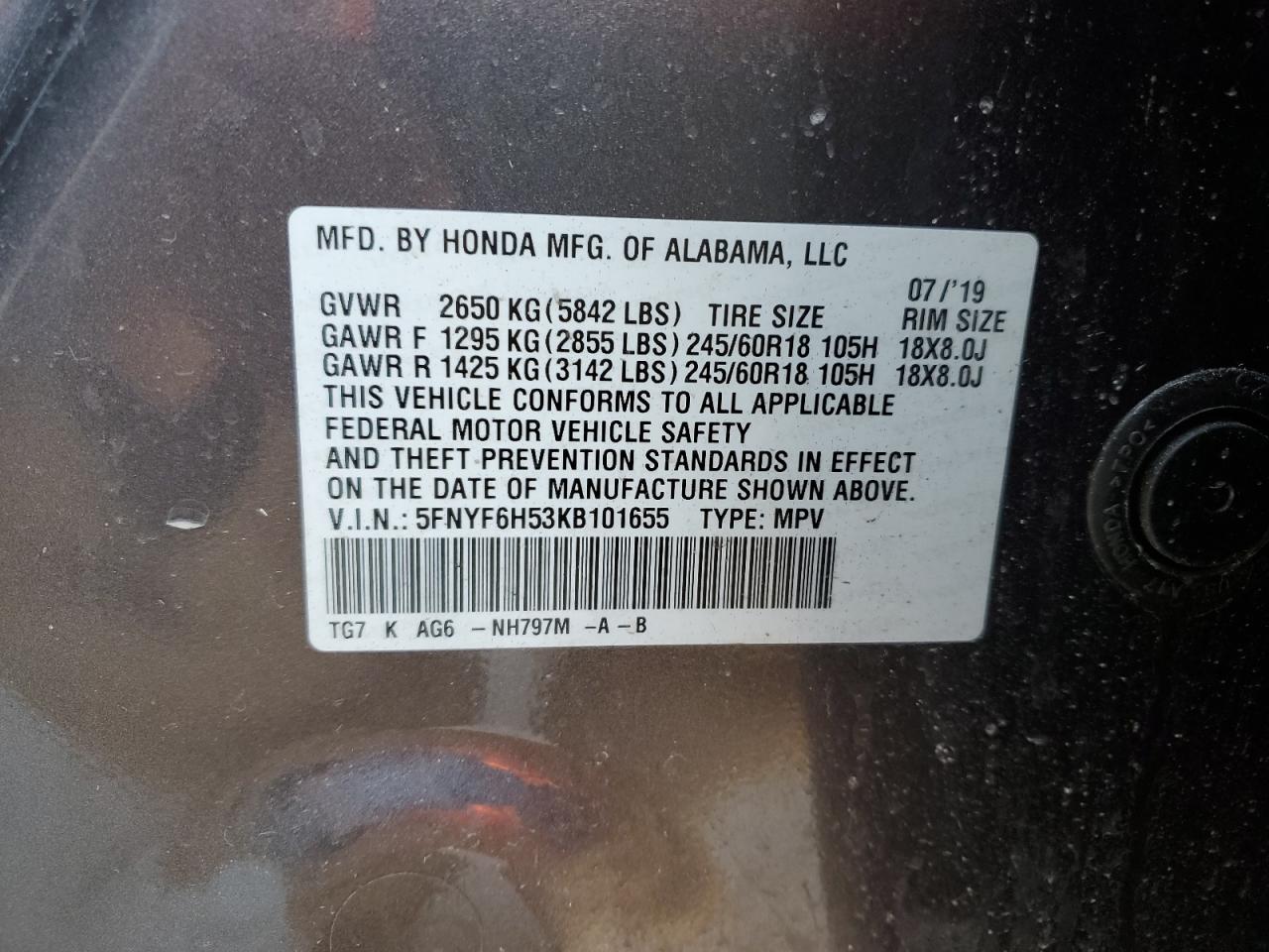 2019 Honda Pilot Exl VIN: 5FNYF6H53KB101655 Lot: 58228835