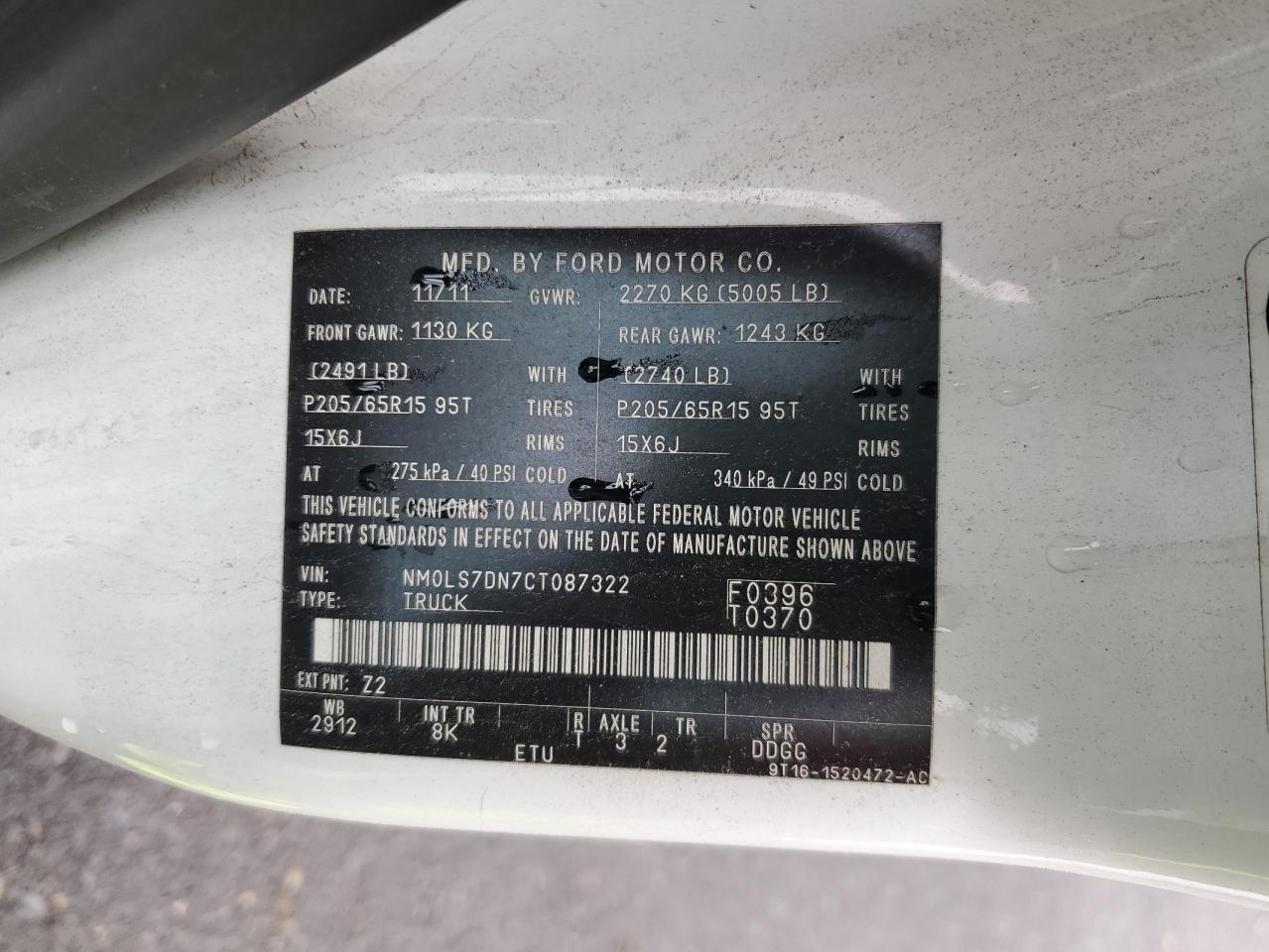 2012 Ford Transit Connect Xlt VIN: NM0LS7DN7CT087322 Lot: 57346565
