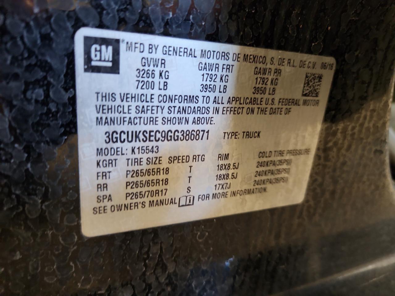 2016 Chevrolet Silverado K1500 Ltz VIN: 3GCUKSEC9GG386871 Lot: 57600805