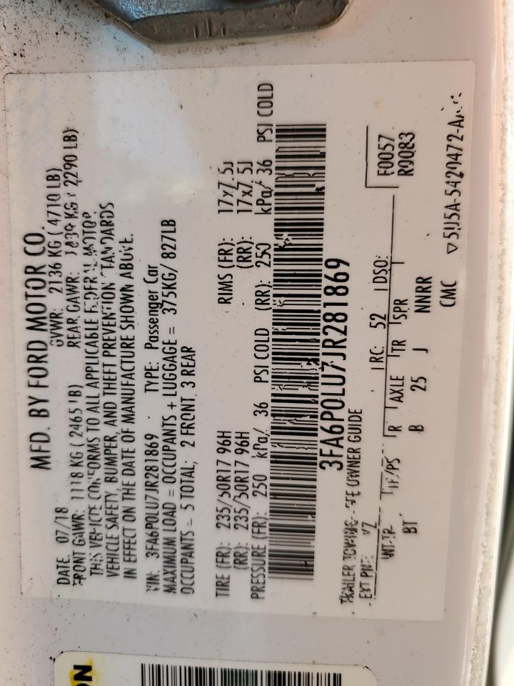 2018 Ford Fusion Se Hybrid VIN: 3FA6P0LU7JR281869 Lot: 57159145