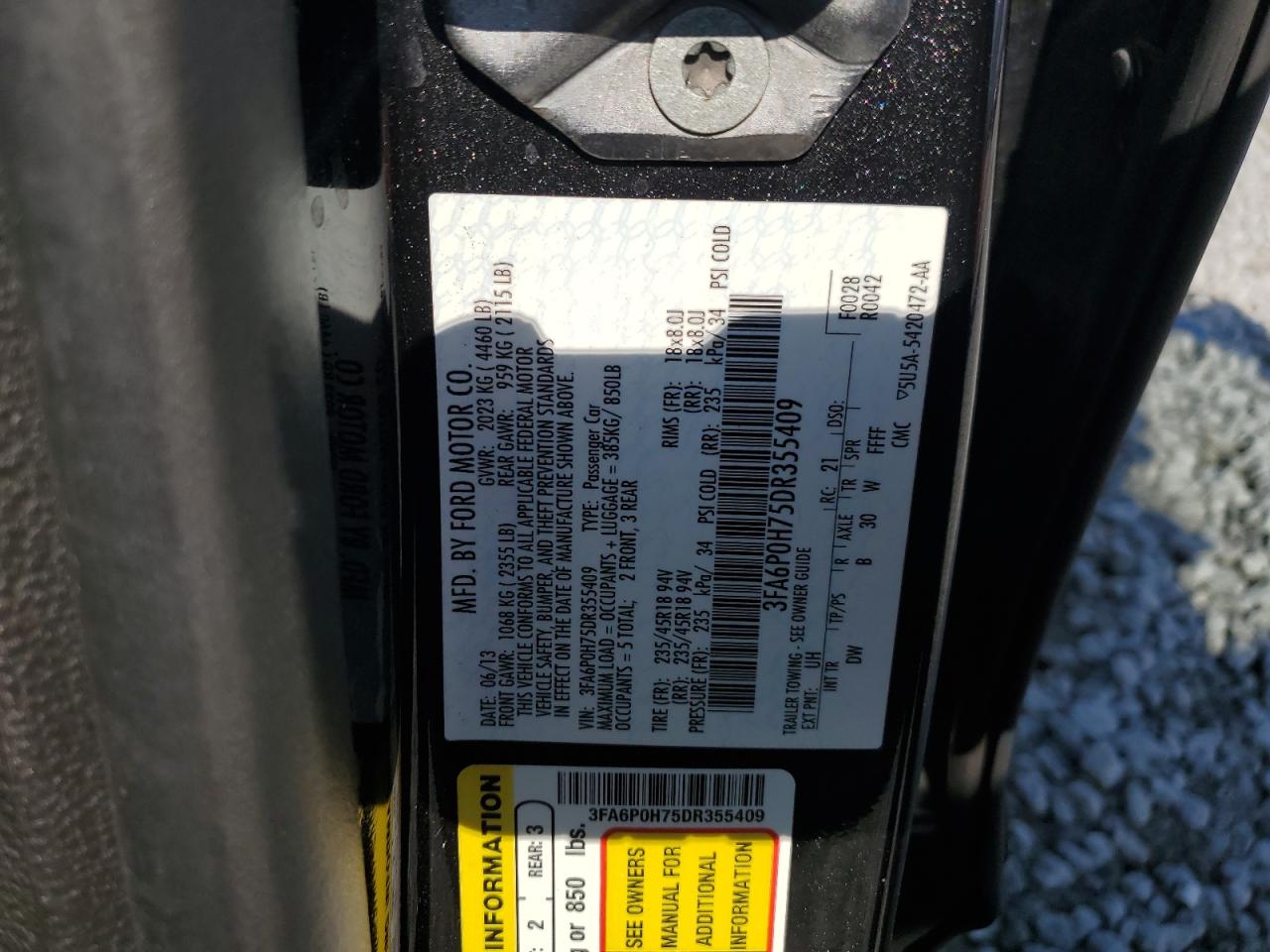 2013 Ford Fusion Se VIN: 3FA6P0H75DR355409 Lot: 56874115