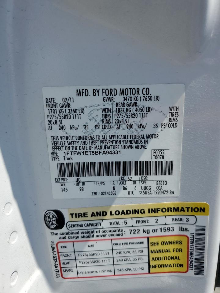 2011 Ford F150 Supercrew VIN: 1FTFW1ET5BFA94331 Lot: 55867325