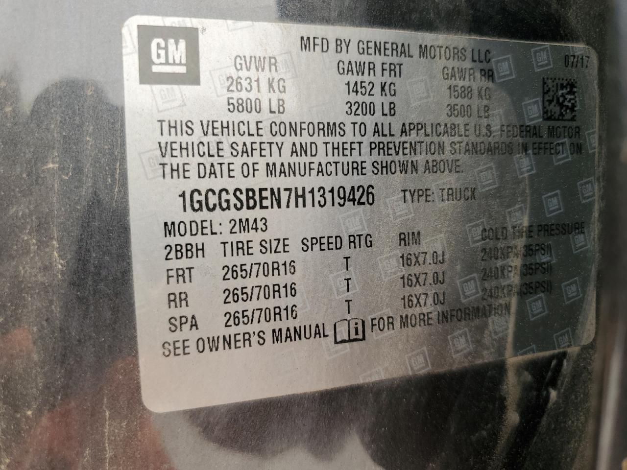 2017 Chevrolet Colorado VIN: 1GCGSBEN7H1319426 Lot: 56779445