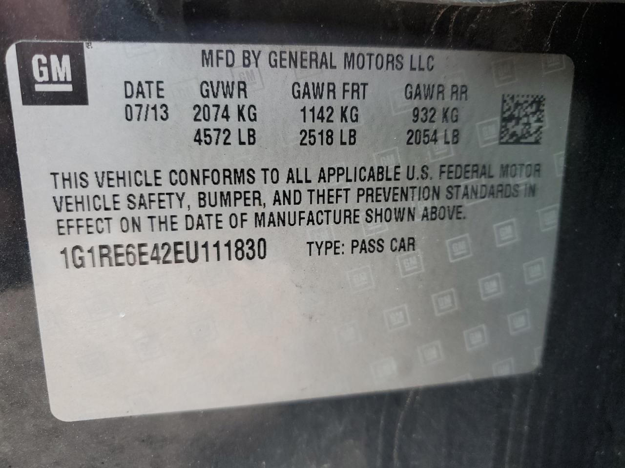 2014 Chevrolet Volt VIN: 1G1RE6E42EU111830 Lot: 56603205