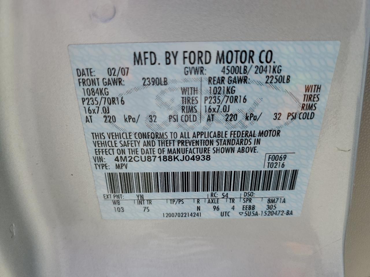 2008 Mercury Mariner Premier VIN: 4M2CU87188KJ04938 Lot: 57423395