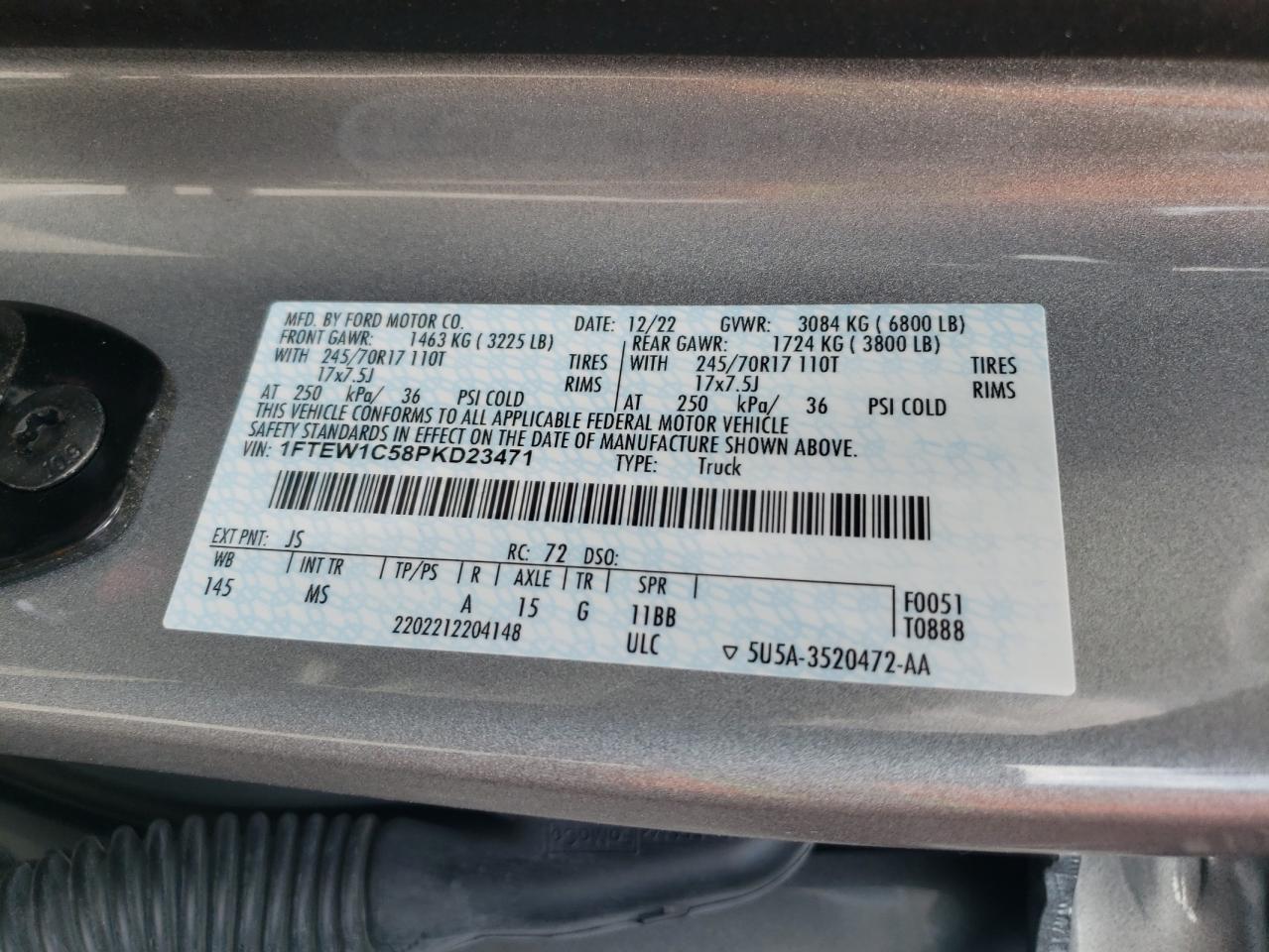 2023 Ford F150 Supercrew VIN: 1FTEW1C58PKD23471 Lot: 58795595