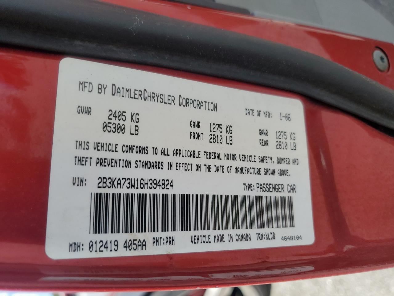 2006 Dodge Charger Srt-8 VIN: 2B3KA73W16H394824 Lot: 57565035