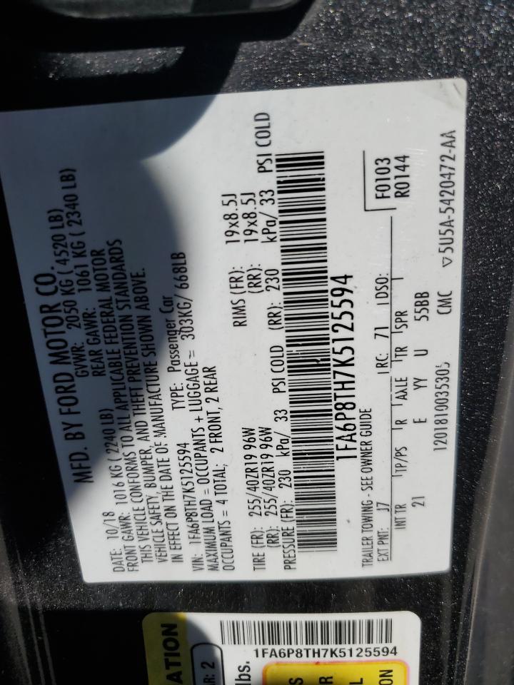 2019 Ford Mustang VIN: 1FA6P8TH7K5125594 Lot: 55512065