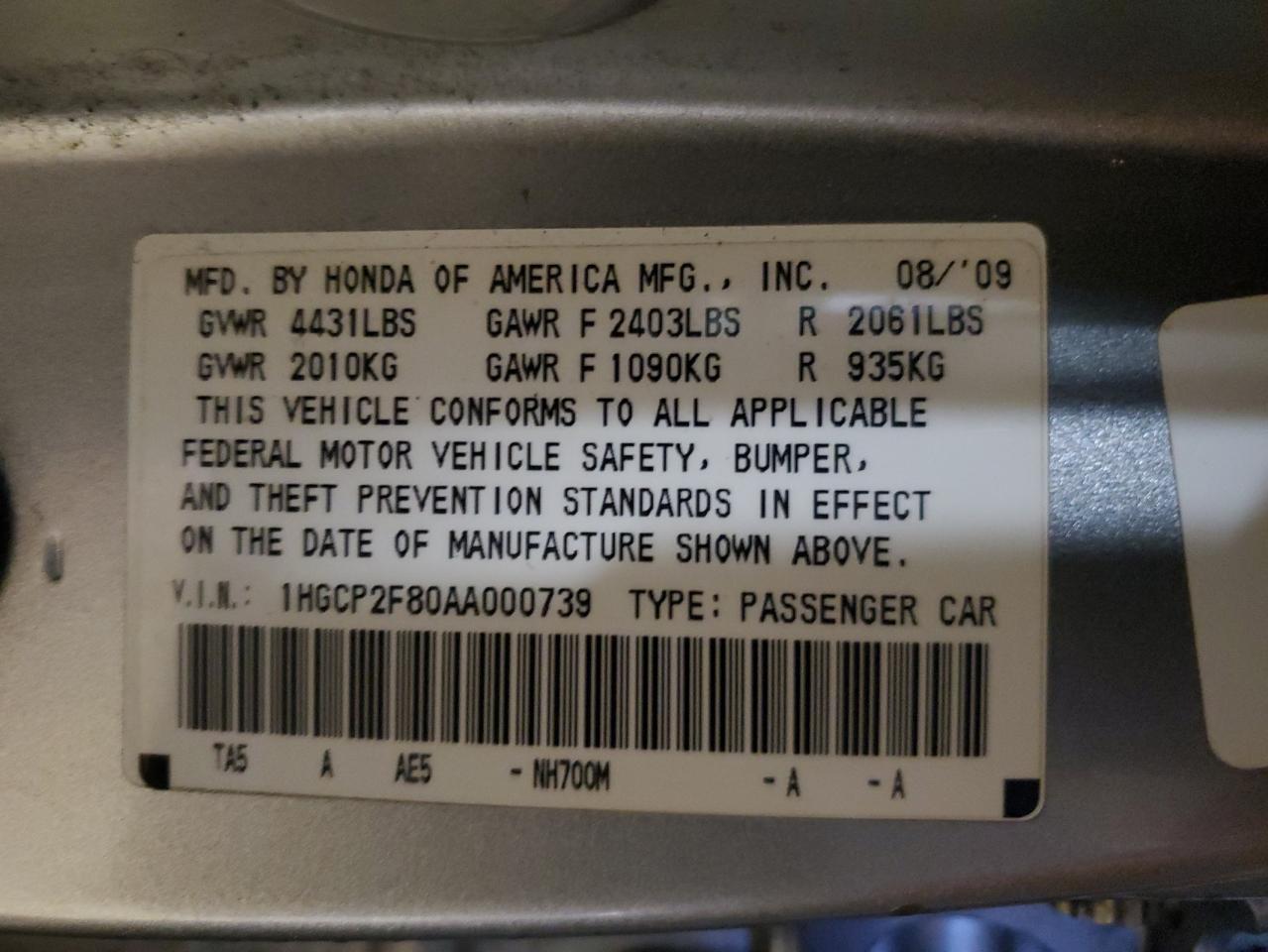 2010 Honda Accord Exl VIN: 1HGCP2F80AA000739 Lot: 57181655