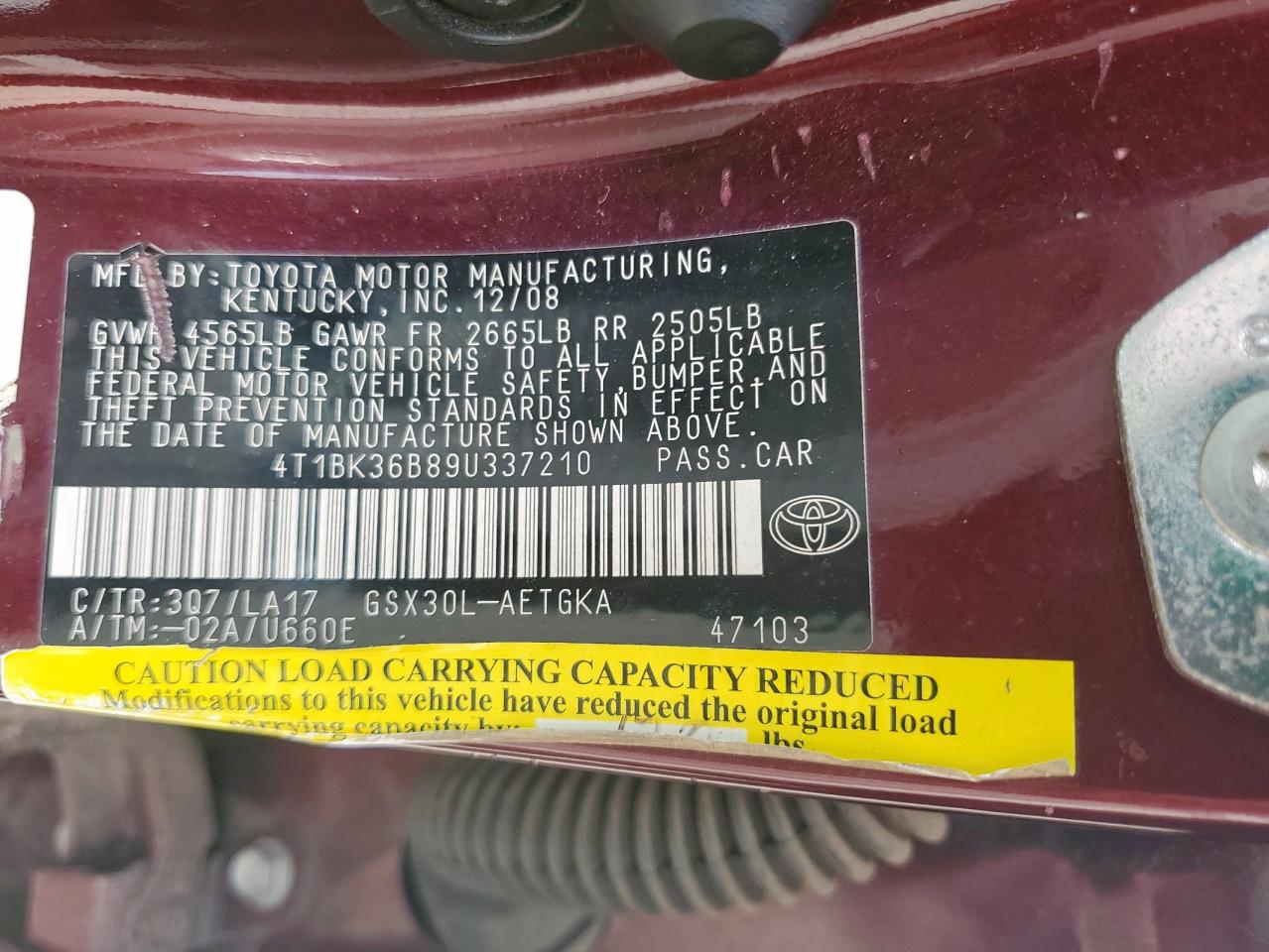 2009 Toyota Avalon Xl VIN: 4T1BK36B89U337210 Lot: 56759195