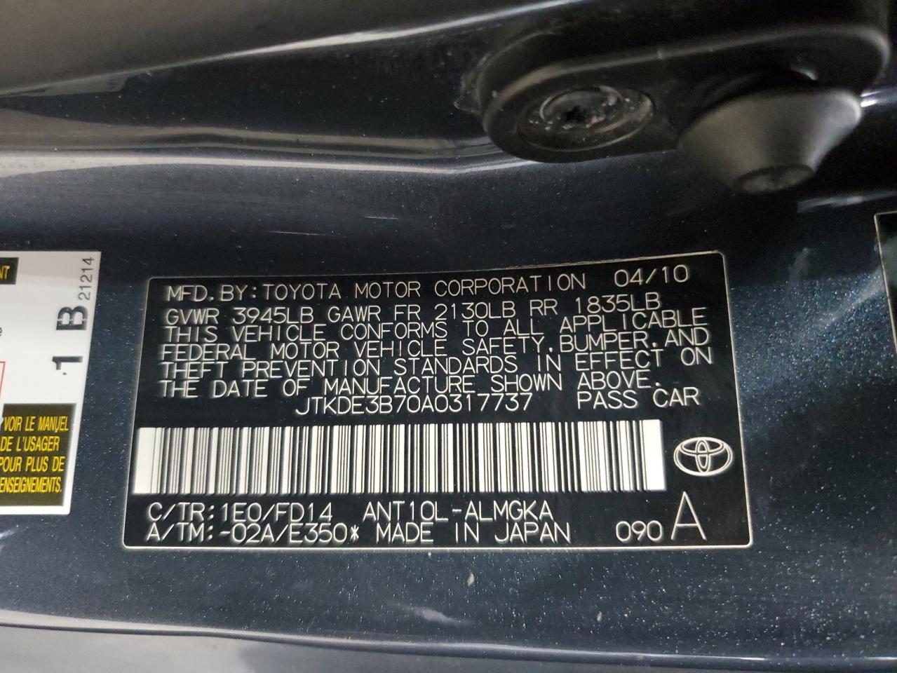 2010 Toyota Scion Tc VIN: JTKDE3B70A0317737 Lot: 55846975