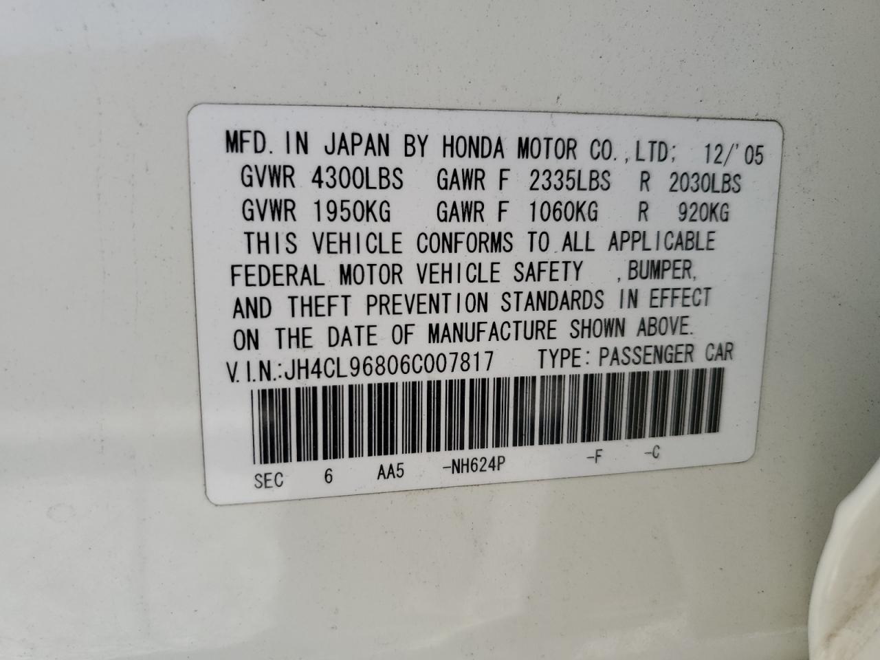 2006 Acura Tsx VIN: JH4CL96806C007817 Lot: 55859735