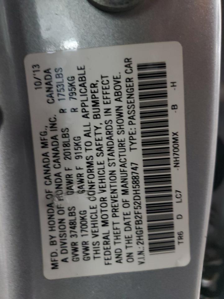 2013 Honda Civic Lx VIN: 2HGFB2F52DH588747 Lot: 56950895