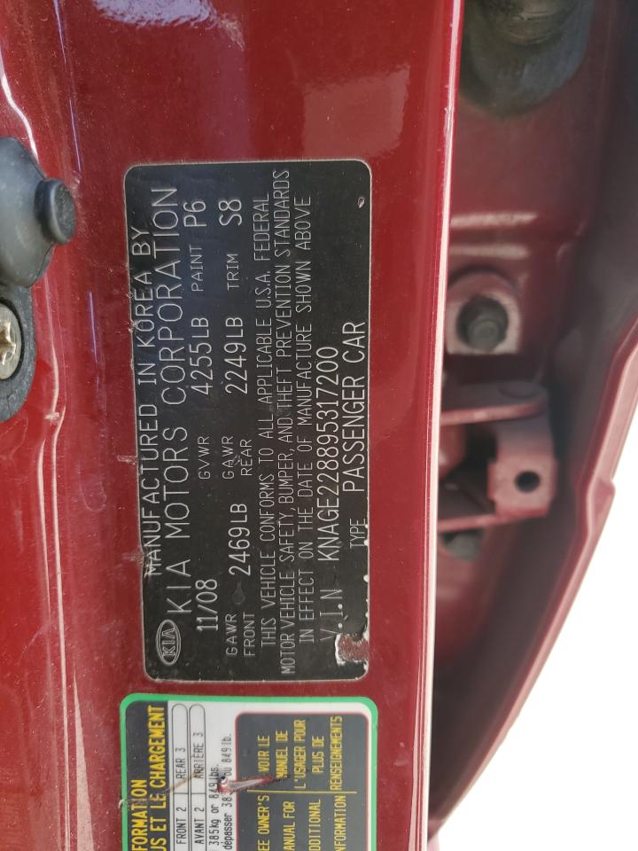 2009 Kia Optima Lx VIN: KNAGE228895317200 Lot: 58262585