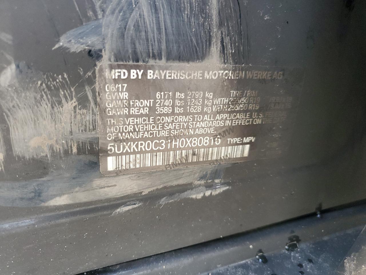2017 BMW X5 xDrive35I VIN: 5UXKR0C31H0X80816 Lot: 58615435