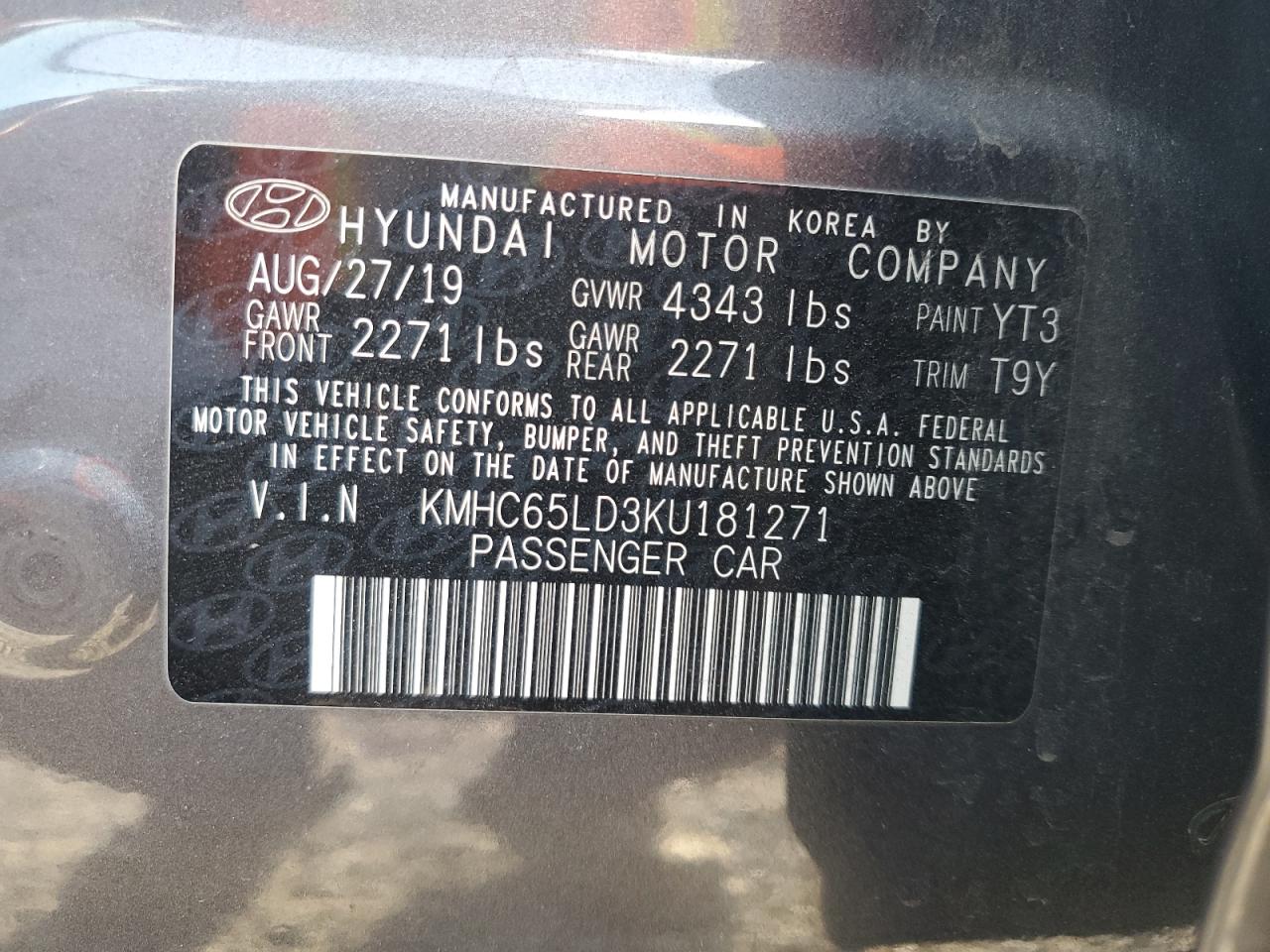 2019 Hyundai Ioniq VIN: KMHC65LD3KU181271 Lot: 57350015