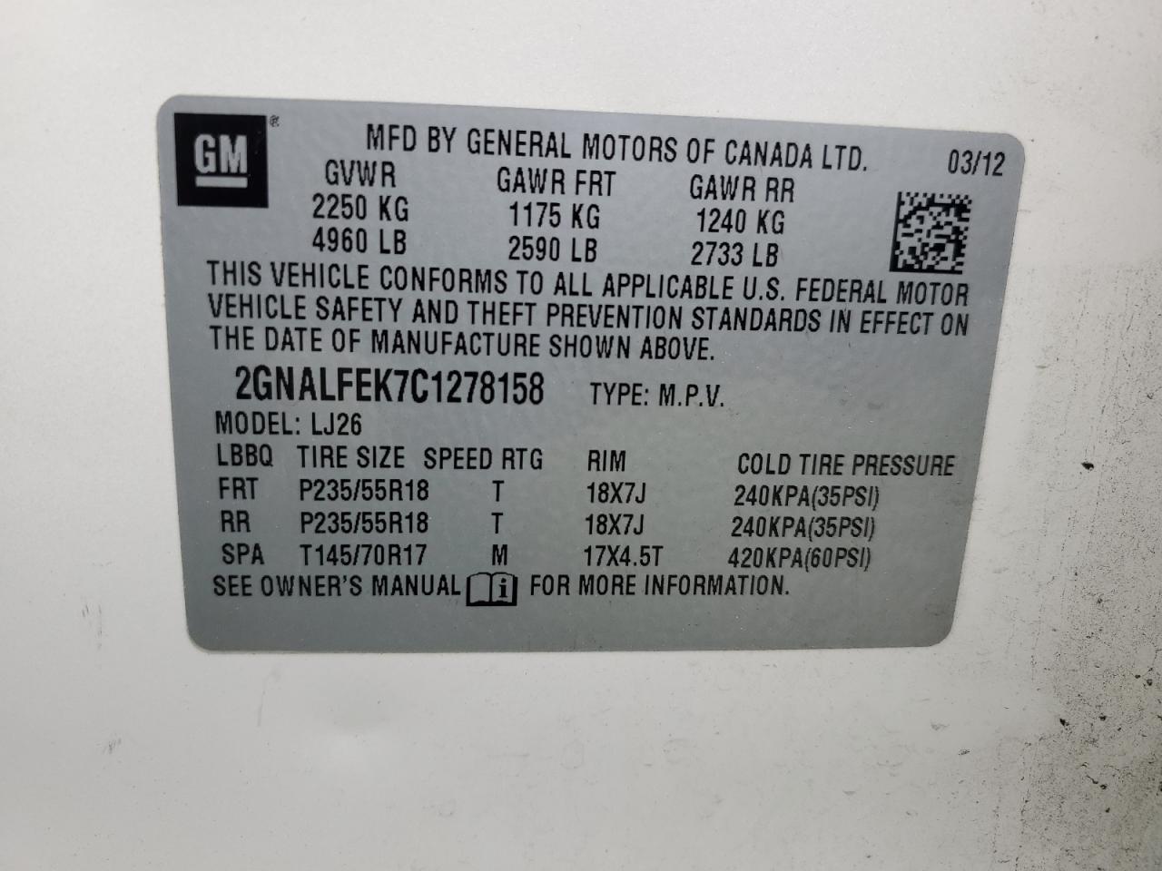 2012 Chevrolet Equinox Ltz VIN: 2GNALFEK7C1278158 Lot: 59346035