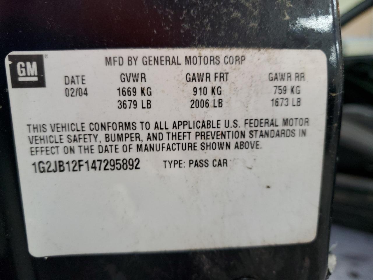 2004 Pontiac Sunfire VIN: 1G2JB12F147295892 Lot: 56635135