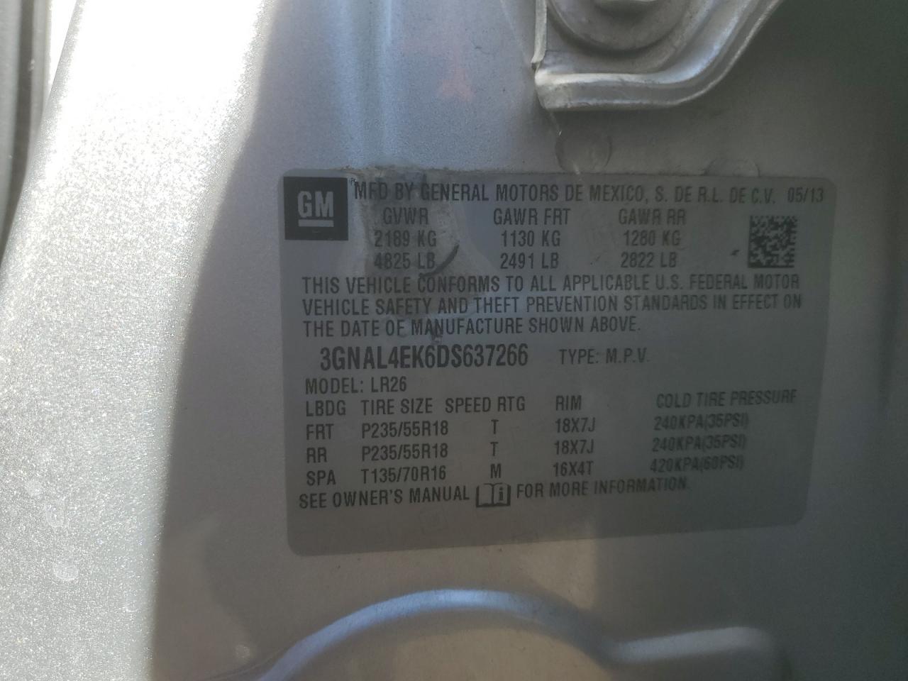 2013 Chevrolet Captiva Ltz VIN: 3GNAL4EK6DS637266 Lot: 56785485