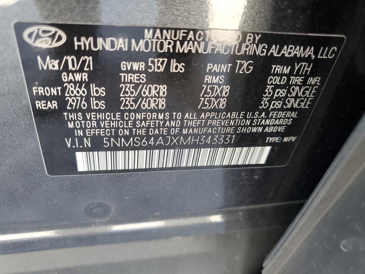 2021 Hyundai Santa Fe Sel VIN: 5NMS64AJXMH343331 Lot: 56785845