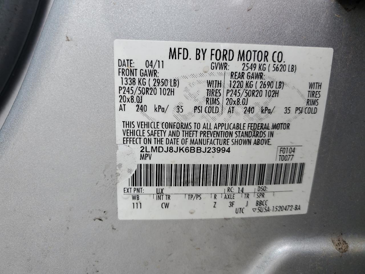 2011 Lincoln Mkx VIN: 2LMDJ8JK6BBJ23994 Lot: 58301875